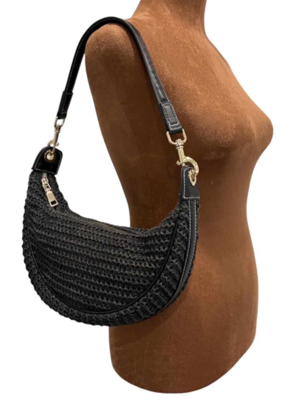ZARA Black Woven Raffia Crescent Shoulder Bag Leather trim / Gold hardware